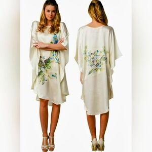 Ledamon 100% Silk Kaftan Dress L Cream Floral Resort Coverup